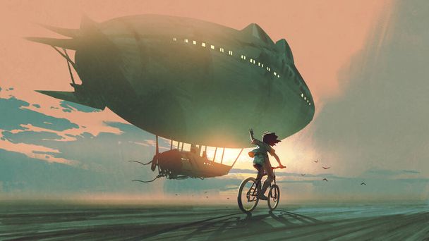 kid rides a bicycle waving good bye to the airship at sunset, digital art style, illustration painting - Photo, Image