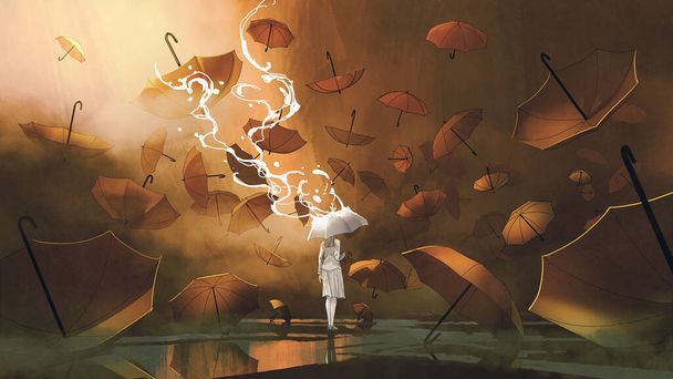 kobieta z białym parasolem stojąca wśród wielu pomarańczowych parasoli, cyfrowy styl sztuki, obraz ilustracji - Zdjęcie, obraz