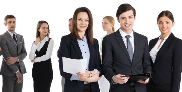 Equipe de empresários com documentos contratuais isolados em fundo branco
 - Foto, Imagem