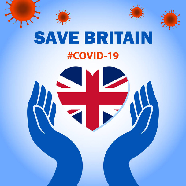 Save Britain with Corona Virus. Care the nation and their people with covid-19 conceptual graphic. Save Britain banner with heart shaped Britain flag. - Vector, Image