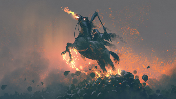 o cavaleiro, ceifeiro sombrio montando o cavalo pulando de uma pilha de crânios humanos, estilo de arte digital, pintura ilustração
 - Foto, Imagem