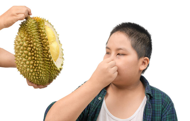 Menino gordo obeso com expressão de nojo contra duriano fresco isolado no fundo branco, fruta duriana é tão fedorento e pungente, bom gosto, mas mau cheiro. Recusando conceito de fruta duriana
 - Foto, Imagem