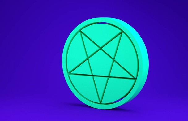 Pentagramme vert dans une icône circulaire isolée sur fond bleu. Symbole magique d'étoile occulte. Illustration 3D rendu 3D
 - Photo, image