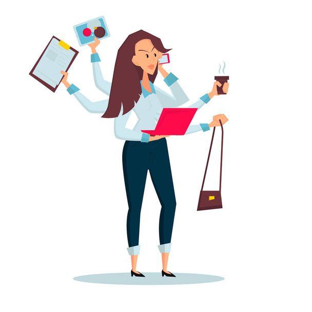 Woman freelancer does several things at once time. - Vector, Image