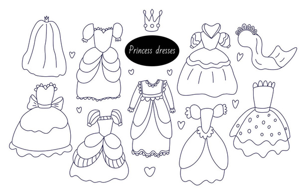 Set of princess dresses for girls in doodle style. Long and flashlight sleeves, long skirts decorated with large ribbon bows. Hand drawn vector illustration in black ink isolated on white background. - Vecteur, image