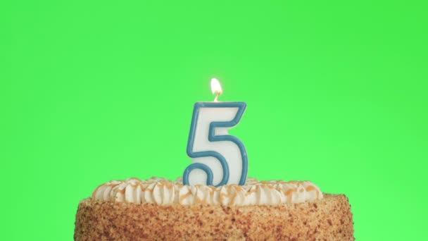 Zapalenie numer pięć świeczka urodzinowa na pyszne ciasto, zielony ekran 5 - Materiał filmowy, wideo