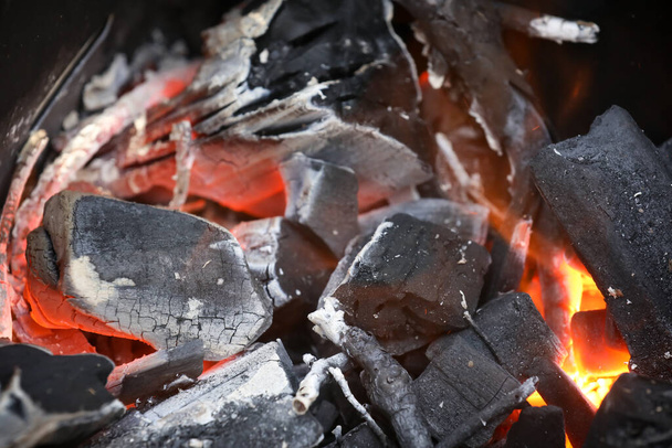 Fogo com carvão e fogo no fundo do piquenique da natureza. Preparação de carvões para cozinhar carne
. - Foto, Imagem