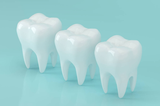 Weißer Zahn mit blauem Hintergrund, 3D-Darstellung. Digitale Computerzeichnung. - Foto, Bild