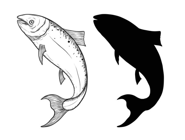 白を背景に魚の入れ墨。白を背景に黒と白の魚のベクトル。着色本のためのサーモンの魚のスケッチ. - ベクター画像
