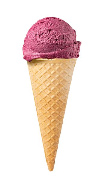 blueberry ice cream sorbet in the cone isolated on white background - Photo, Image