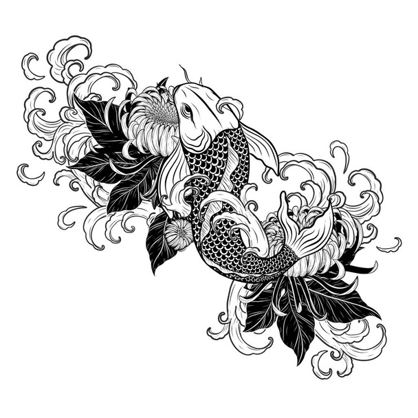 Poisson koï avec tatouage de fleur à la main dessin. Art de tatouage très détaillé dans le style d'art de ligne
. - Vecteur, image