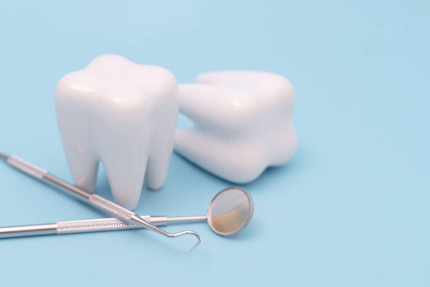 Teeth model and dentist tool on blue background - Φωτογραφία, εικόνα