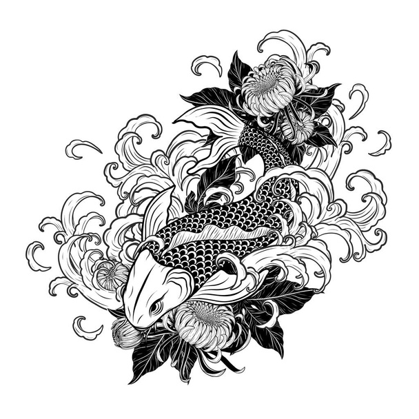 Koi fish with flower tattoo by hand drawing.Tattoo art highly detailed in line art style. - Vector, Image
