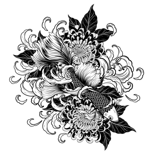 Koi fish and chrysanthemum tattoo by hand drawing.Tattoo art highly detailed in line art style. - Vector, Image