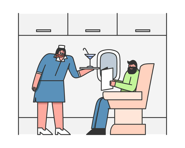 Stewardess dient passagier in vliegtuig. De stewardess biedt drankjes aan voor de eerste klas. - Vector, afbeelding