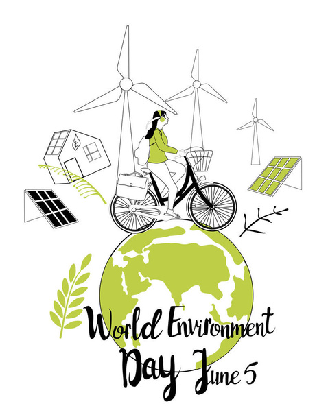Világ környezet nap 5 Június vektor illusztráció.Lány utazik a kerékpár körül zöld Föld.Biztonságos bolygónk, újrahasznosítás, természetvédelmi üdvözlő kártya vagy design plakát, nap- és szélenergia a városban. - Vektor, kép