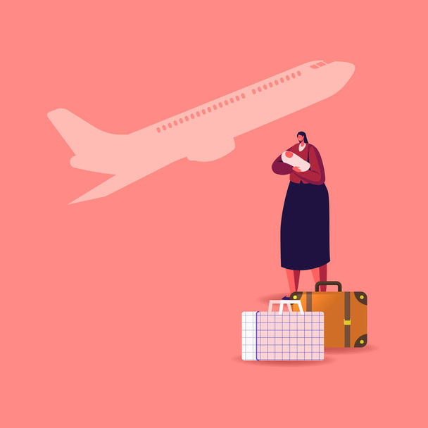 Weiblicher Charakter mit Neugeborenem auf Händen mit Gepäcktaschen und fliegendem Flugzeug auf dem Hintergrund. Illegale oder legale Einwanderer, Flüchtlingsfrauen mit Kind, die das Land verlassen. Zeichentrickvektorillustration - Vektor, Bild