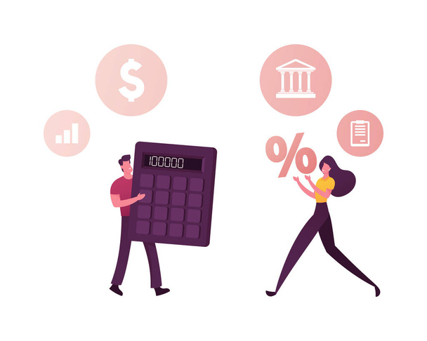 Characters Counting Credit Rating, Use Financial Services. Man with Huge Calculator and Woman with Percent Symbol Count Income, Profit or Loan. Money Savings. Cartoon People Vector Illustration - Vector, Image