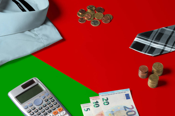 Belarus flag on minimal money concept table. Coins and financial objects on flag surface. National economy theme. - Fotografie, Obrázek