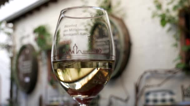 Κοντινό πλάνο του γυαλιού με λευκό κρασί κατά τη διάρκεια γευσιγνωσίας στη γερμανική αυλή - Πλάνα, βίντεο