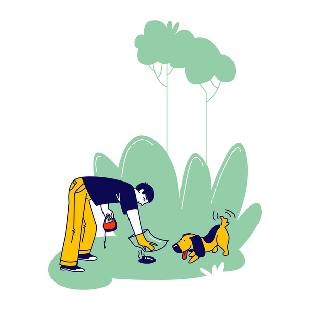 Dog Owner Character Remove Dog Shit from Ground in Park or House Yard Using Plastic Bag on Hand. Man Care Environment, Follow Cleaning Rules while Walking Domestic Animal. Linear Vector Illustration - Vektor, Bild