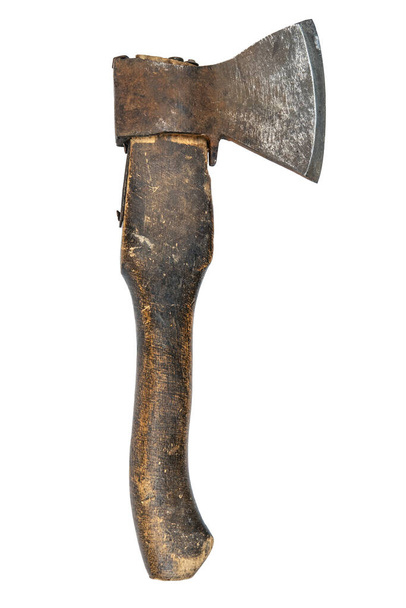 Old used rusty hatchet ax with wooden handle isolated on white background - Photo, Image