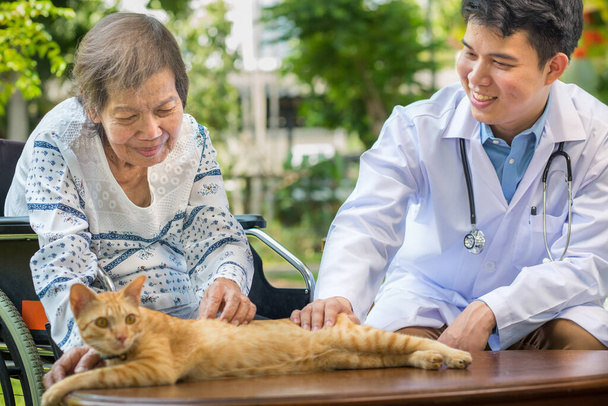 Terapia para mascotas para ancianos. Las mascotas hacen que los pacientes sean más sanos y felices. - Foto, imagen