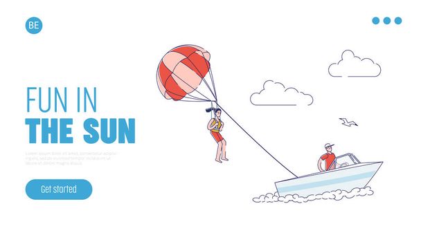 Pobřežní dovolená aktivity banner s dívkou parasailing na obloze. Návrh přistávací stránky šablony - Vektor, obrázek