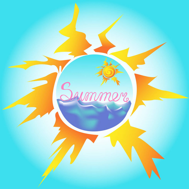 Een heldere ansichtkaart in de vorm van een zon met de zee en de zon binnen ondertekend "Zomer". Handschrift. Vectorafbeelding. - Vector, afbeelding