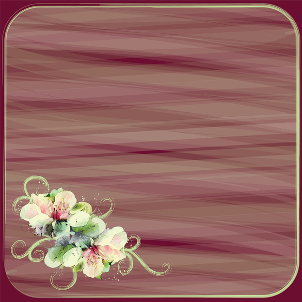 Ευχετήρια κάρτα με τα λουλούδια και το πλαίσιο σε ριγέ μωβ φόντο - Διάνυσμα, εικόνα