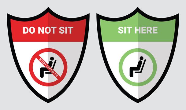 Por favor, no se siente y se siente aquí signo para prevenir de Coronavirus o pandemia de Covid-19. Mantenga distancia de 6 pies o 2 metros de distancia física para silla, asiento, autobús de enlace, metro, ferrocarril, tranvía, tren, concepto de cantina
 - Vector, imagen