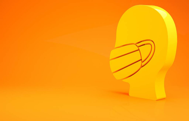 Cara de hombre amarillo en un icono de máscara protectora médica aislado sobre fondo naranja. Cuarentena. Concepto minimalista. 3D ilustración 3D render
 - Foto, Imagen