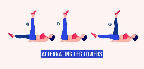 Girl doing Alternating Leg Lowers exercise, Woman workout fitness, aerobic and exercises. Vector Illustration. - Vector, Image