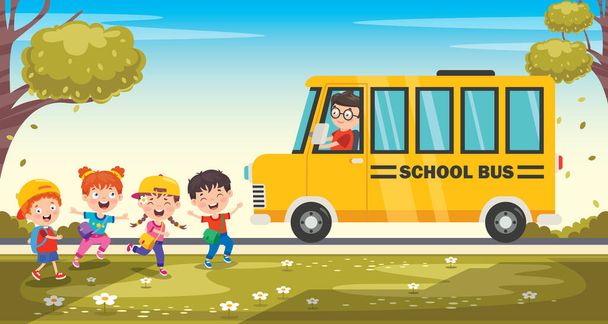 Happy Children And School Bus - Vector, Image