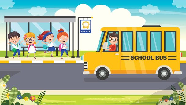 Niños felices y autobús escolar
 - Vector, Imagen