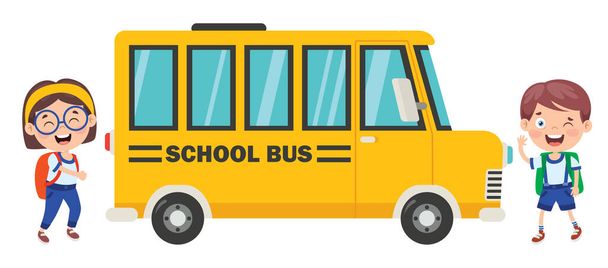 Boldog gyermekek és iskolabusz - Vektor, kép