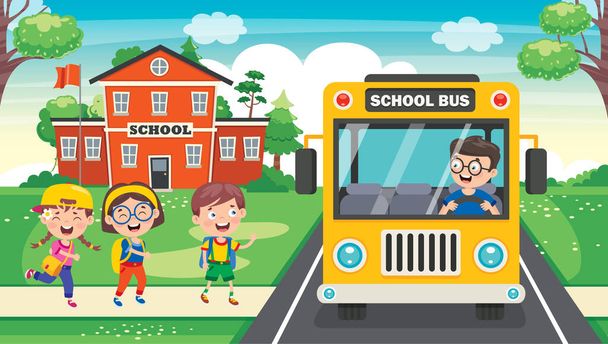 Happy Children And School Bus - Vector, Image