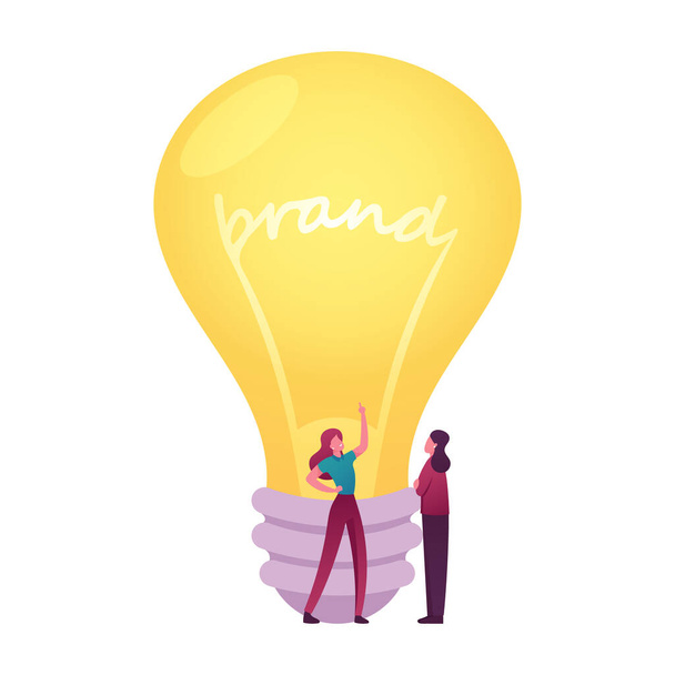 Tiny Female Characters Stand at Huge Glowing Light Bulb with Brand Inscription Promoter Explain to Customer Advantages of New Company, Brand Awareness, Recognition Cartoon People Vector Illustration - Вектор, зображення