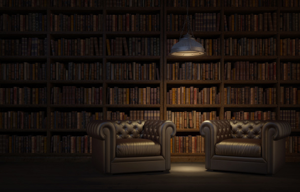 Eski kütüphane ya da evdeki okuma odası. Tavan lambalı klasik deri koltuklar. Gece sahnesi 3D görüntüleme. - Fotoğraf, Görsel