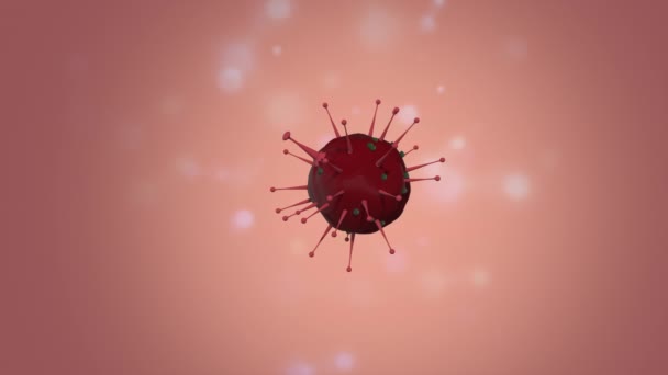 3D καθιστούν κόκκινο πανδημικό κύτταρο του ιού επιπλέει πάνω από ανοιχτό ροζ φόντο. - Πλάνα, βίντεο