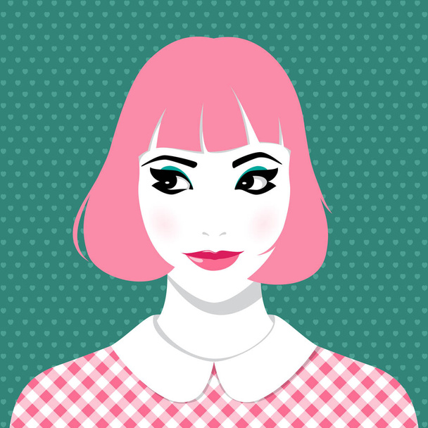 Schöne süße junge lächelnde Frau mit kurzen rosa Haaren, trägt Kleid mit weiß-rosa Karomuster und weißem Kragen, vor Hintergrund mit Herzmuster - Vektor, Bild