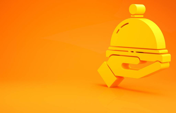 Желтый Covered с иконкой еды, выделенной на оранжевом фоне. Поднос и знак крышки. Ресторан клош с крышкой. Концепция минимализма. 3D-рендеринг - Фото, изображение