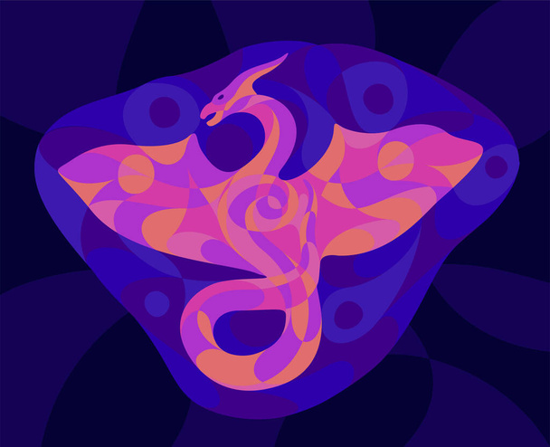 Mooie kleurrijke illustratie met glanzende neon gekleurde draak silhouet op de donkerblauwe achtergrond - Vector, afbeelding