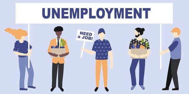 失業率、失われた仕事の概念ベクトル。ホワイト・アフリカ系アメリカ人の所有物が手元にあり、メッセージボードを保持している人は、仕事と失業が必要です。会議で人々によって描かれた - ベクター画像