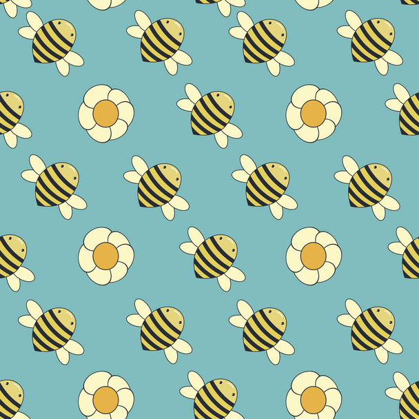 Bees and flowers, seamless cartoon pattern, on a blue background - Vector, Image
