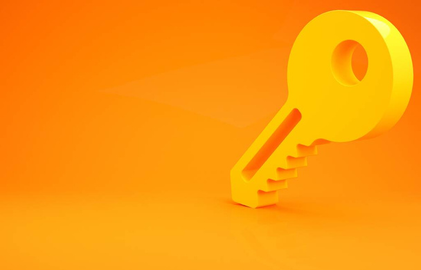 オレンジの背景に黄色のキーアイコンが孤立しています。最小限の概念。3Dイラスト3Dレンダリング - 写真・画像