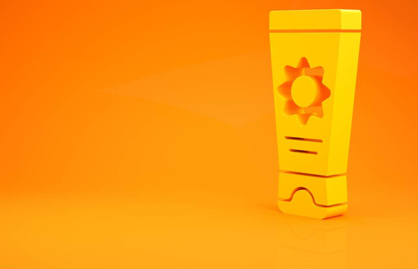 Crème solaire jaune dans le tube icône isolé sur fond orange. Protection de la peau contre les rayons ultraviolets solaires. Concept de minimalisme. Illustration 3D rendu 3D
 - Photo, image