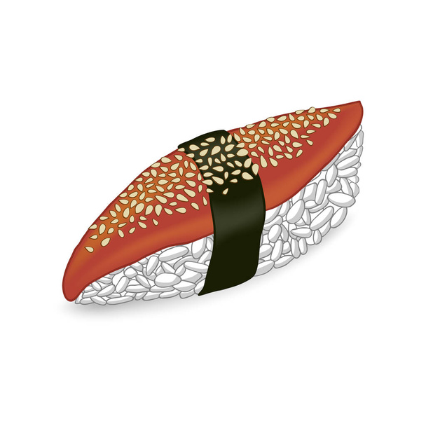realistyczne izolowane japońskie sushi z węgorzem posypane nasionami sezamu zawiniętymi w wodorosty morskie na białym tle w perspektywie - Wektor, obraz