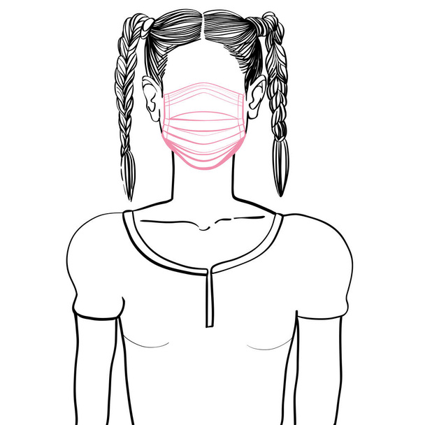 Met de hand getekend artistiek schets illustratie van een anonieme avatar van een jonge vrouw met twee vlechten op haar hoofd, in een shirt, het dragen van een medisch masker, webprofiel doodle geïsoleerd op wit - Foto, afbeelding