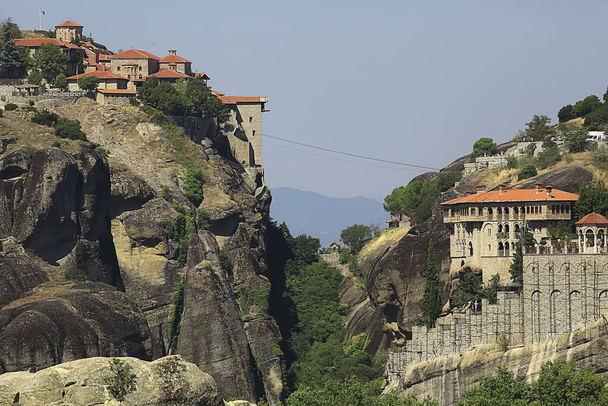 Meteora greece monastery landscape, orthodox monastery in the mountains, christianity, faith view - 写真・画像